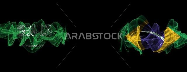 Flags of Saudi Arabia and Brazil on Black background, Saudi Arabia vs Brazil Smoke Flags