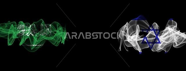 Flags of Saudi Arabia and Israel on Black background, Saudi Arabia vs Israel Smoke Flags