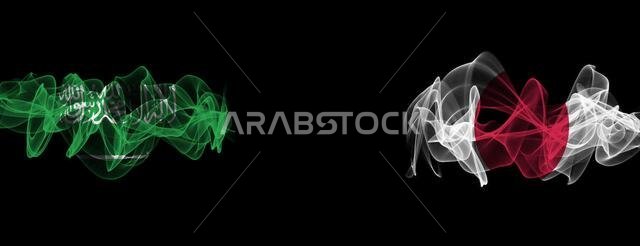 Flags of Saudi Arabia and Japan on Black background, Saudi Arabia vs Japan Smoke Flags