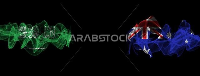 Flags of Saudi Arabia and Australia on Black background, Saudi Arabia vs Australia Smoke Flags