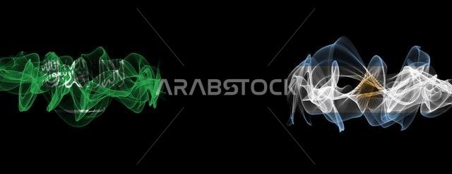Flags of Saudi Arabia and Argentina on Black background, Saudi Arabia vs Argentina Smoke Flags