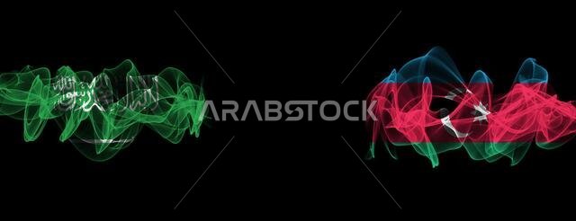 Flags of Saudi Arabia and Azerbaijan on Black background, Saudi Arabia vs Azerbaijan Smoke Flags
