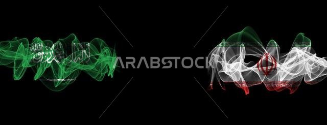 Flags of Saudi Arabia and Iran on Black background, Saudi Arabia vs Iran Smoke Flags