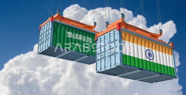 Shipping containers with India and Saudi Arabia flag. 3D Rendering
