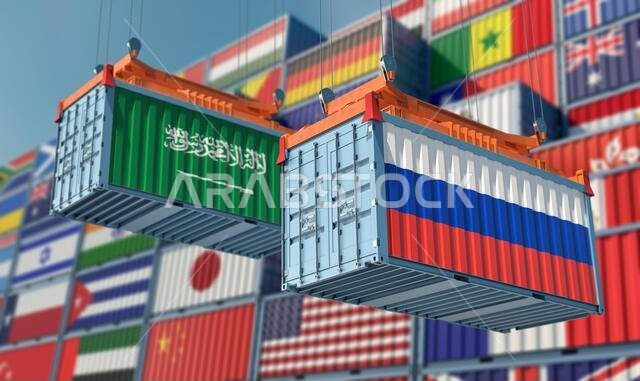 Freight container with Russia and Saudi Arabia national flag. 3D Rendering