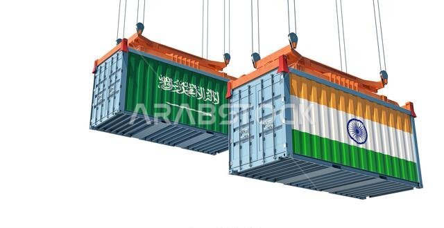 Shipping containers with India and Saudi Arabia flag. 3D Rendering