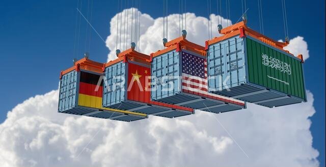 Freight containers with Saudi Arabia, German, USA and China flags. 3D Rendering