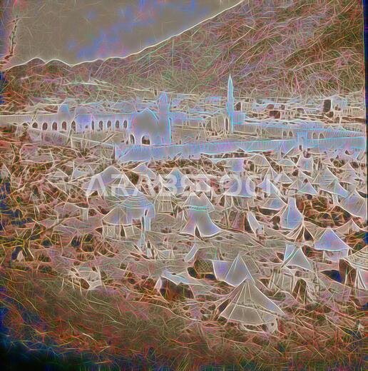 Mecca, ca. 1910. Bird's-eye view of tent city outside Kaaba. 1910, Saudi Arabia, Mecca