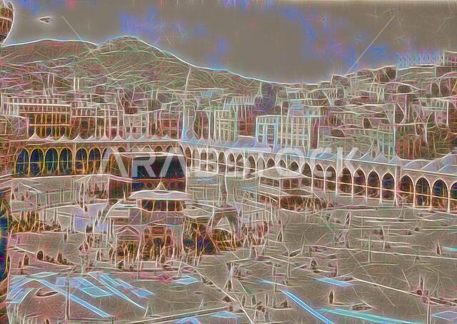 مكة المكرمة، حوالي عام ١٩١٠. منظر جوي للكعبة المشرفة غير المزدحمة. ١٩١٠، المملكة العربية السعودية، مكة المكرمة