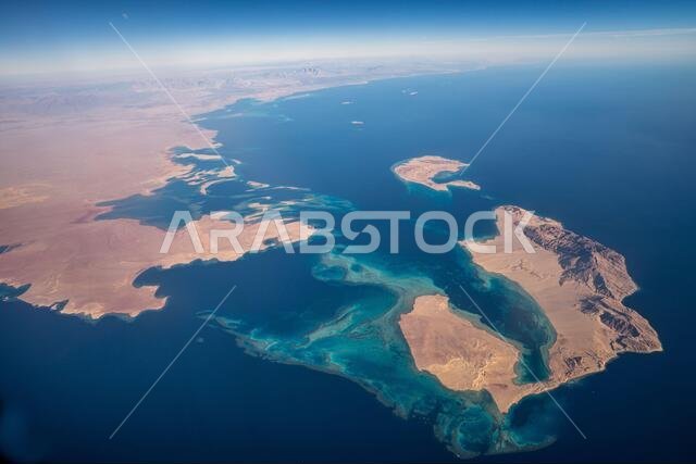 Aerial view of Saudi Arabia and the straits of Tiran between the gulf of Aqaba Red Sea and the Indian Ocean