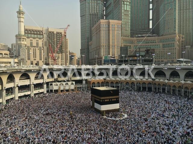 MECCA, SAUDI ARABIA,  August 2019 - Muslim pilgrims from all over the world gathered to perform Umrah or Hajj at the Haram Mosque in Mecca, Saudi Arab