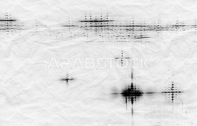 Abstract scientific background photo with black diffraction grating spots on crumpled paper sheet