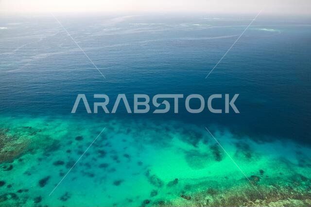 Persian Gulf seascape, rocky seabed is under blue shallow water. Natural photo. Bird eye view