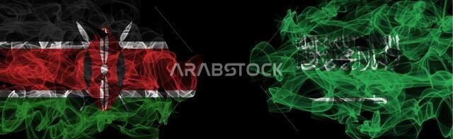 Flags of Kenya and Saudi Arabia on Black background, Kenya vs Saudi Arabia Smoke Flags
