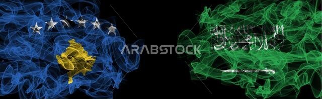 Flags of Kosovo and Saudi Arabia on Black background, Kosovo vs Saudi Arabia Smoke Flags