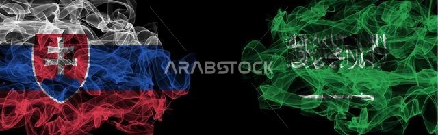 Flags of Slovakia and Saudi Arabia on Black background, Slovakia vs Saudi Arabia Smoke Flags