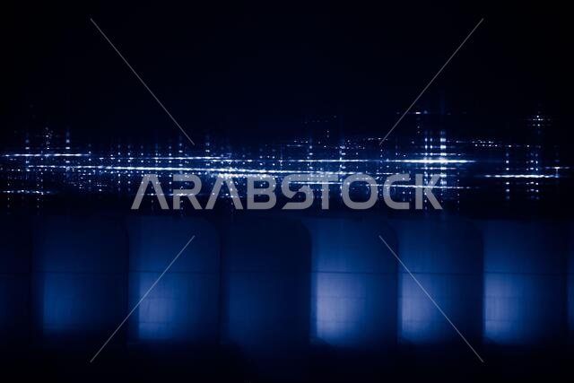 Abstract scientific background with diffraction grating effect over light spots, blue toned photo