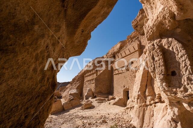 Nabatean tombs carved into rock in Al Bad', Saudi Arabia