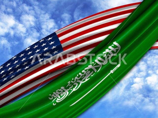 flag of America with Saudi Arabia flag on sky background