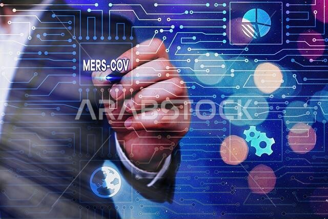 نص مكتوب بخط اليد: متلازمة الشرق الأوسط التنفسية (MERS). صورة توضيحية لمرض الجهاز التنفسي الفيروسي الذي تم الإبلاغ عنه لأول مرة في المملكة العربية السعودية.