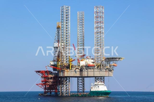 Offshore oil platform and supply ship are in Persian Gulf. United Arab Emirates