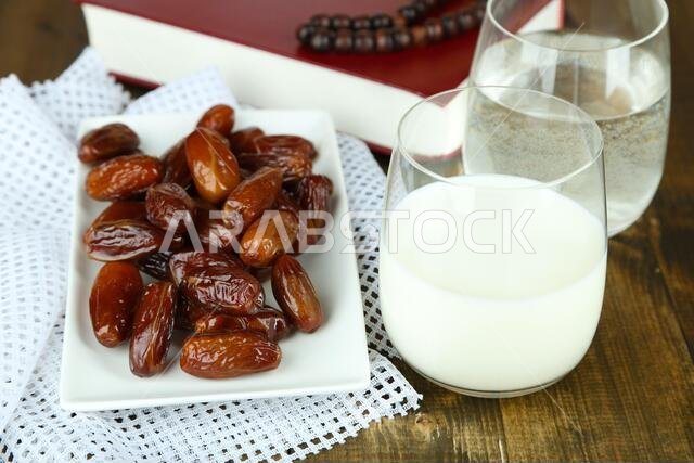 Conceptual photo of Ramadan food:dates palm, milk and water