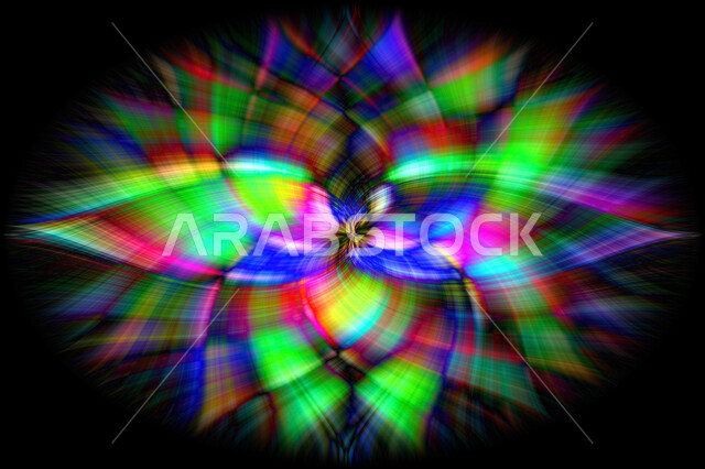 خلفية زخرفية مجردة ، رسومات و أشكال هندسية ، خطوط وأشكال هندسية ملونة على خلفية سوداء 