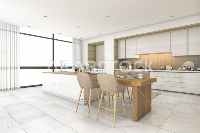 A picture of a 3D Scandinavian kitchen, modern and attractive designs, wonderful decorations, luxurious and beautiful designs, apartments, luxury hotels