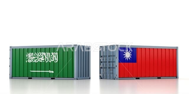 Freight container with Saudi Arabia and Taiwan national flag. 3D Rendering