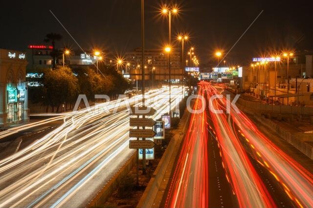 Long exposure view of traffic during rush hour at Medina Road in Jeddah, Saudi Arabia