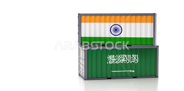 Freight container with Saudi Arabia and India national flag. 3D Rendering