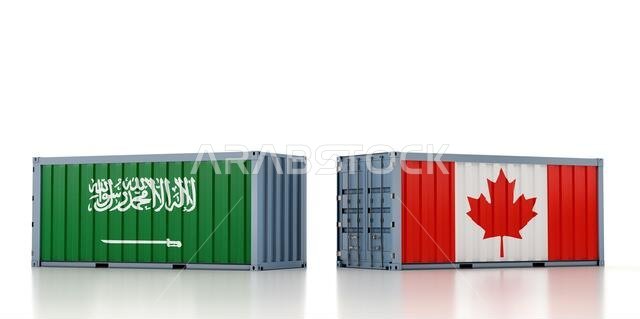 Freight container with Saudi Arabia and Canada national flag. 3D Rendering