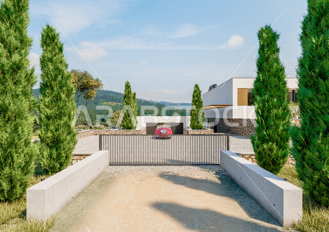 A picture of an external villa and an entry and exit gate, modern and attractive designs, wonderful decorations, luxurious and beautiful designs, tourist apartments, tourist chalets