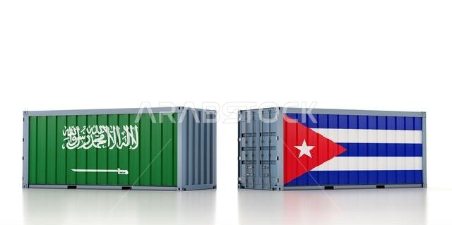 حاوية شحن تحمل علمي المملكة العربية السعودية وكوبا. تصميم ثلاثي الأبعاد