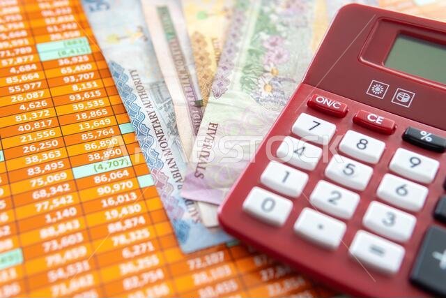 Red Calculator on a spreadsheet with Saudi Riyal Notes