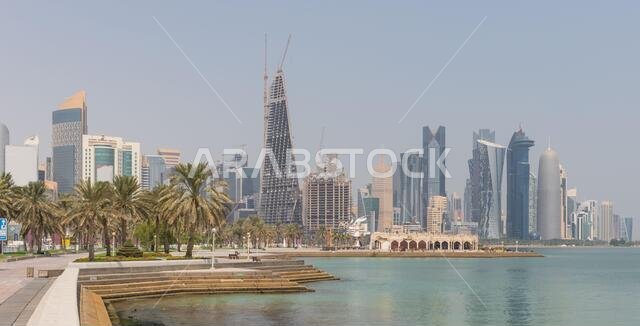 Doha, Qatar - probably the most notable landmark in Doha, the Corniche is a waterfront promenade extending for seven kilometers along Doha Bay