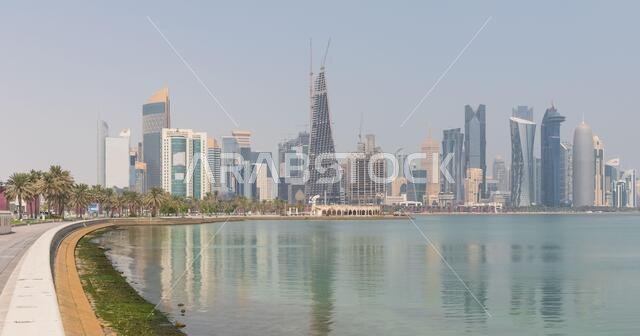 Doha, Qatar - probably the most notable landmark in Doha, the Corniche is a waterfront promenade extending for seven kilometers along Doha Bay