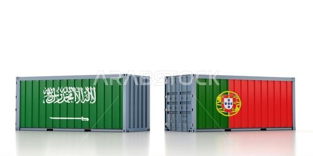 Freight container with Saudi Arabia and Portugal national flag. 3D Rendering