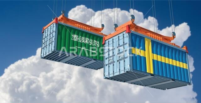Freight container with Saudi Arabia and Sweden national flag. 3D Rendering