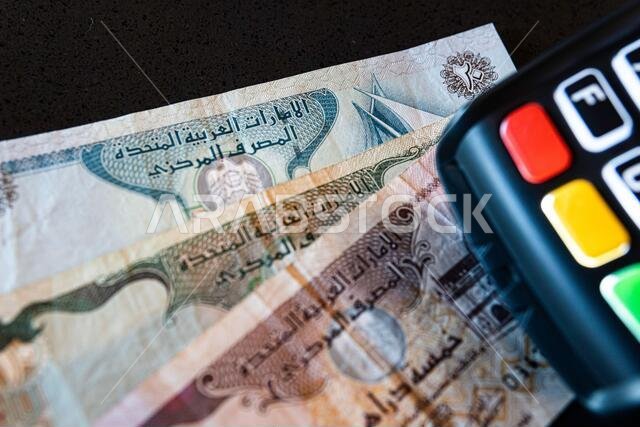 جهاز دفع إلكتروني ببطاقات الائتمان مع أوراق نقدية من الريال السعودي