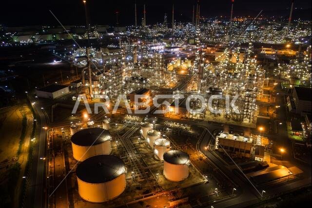 Aerial view oil storage tank with oil refinery factory industrial. Oil refinery plant at night. industry factory concept and transportation.