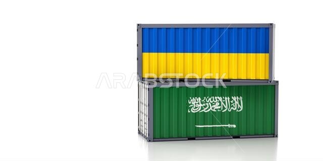 Freight container with Saudi Arabia and Ukraine flag. 3D Rendering