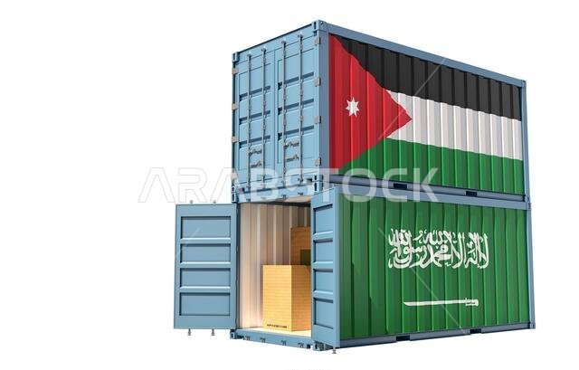 Freight container with Saudi Arabia and Jordan flag. 3D Rendering