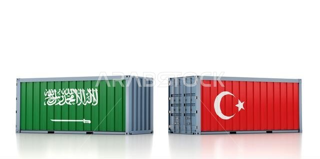 حاوية شحن تحمل علمي المملكة العربية السعودية وتركيا. تصميم ثلاثي الأبعاد