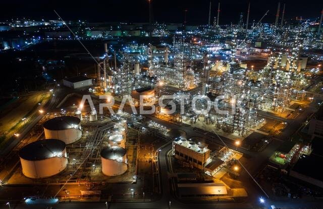 Aerial view oil storage tank with oil refinery factory industrial. Oil refinery plant at night. industry factory concept and transportation.