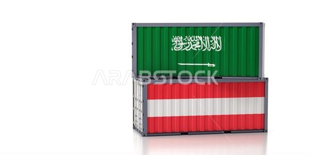 Freight container with Saudi Arabia and Austria flag. 3D Rendering