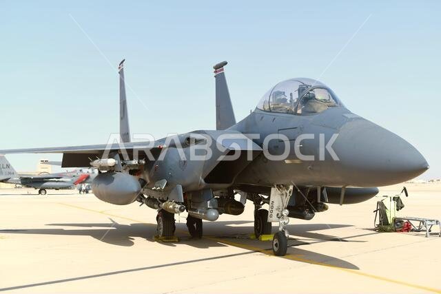 An F-15E Strike Eagle sits on the flight line prior to a sortie at Prince Sultan Air Base, Kingdom of Saudi Arabia, Jan. 8, 2020. The F-15E Strike Eagle is a dual-role fighter designed to perform air-to-air and air-to-ground missions, demonstrating U.S. Air Forces Central Commands’ posture to compete, deter, and win against state and non-state actors. (U.S. Air Force photo by Tech. Sgt. Michael Charles)