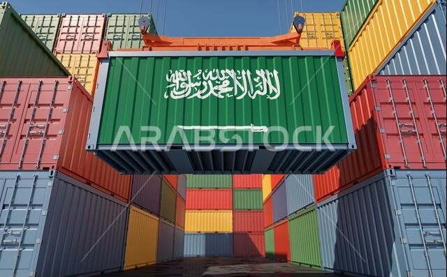 Container Terminal - Shipping Container with Saudi Arabia flag. 3D Rendering