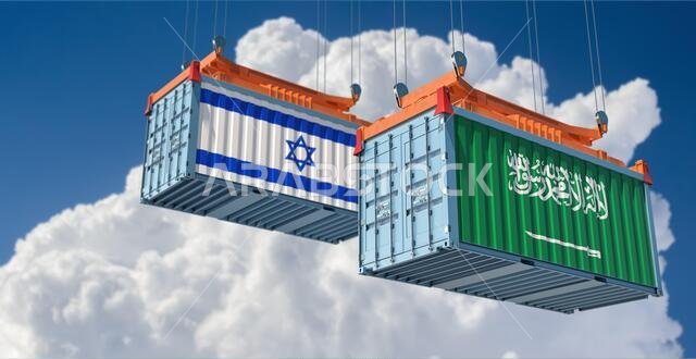 Freight container with Israel and Saudi Arabia flag. 3D Rendering