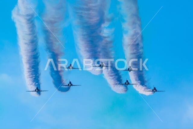 Saudi Hawks are a BAE (British Aerospace) Hawk equipped Royal Saudi Air Force aerobatic team. This display was in December 2019 at Abu Dhabi Corniche